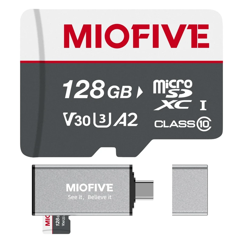 Miofive microSDXC Memory Card - Ultimate Micro SD Card with USB 3.0 Type-C Card Reader 170MB/s, C10, U3, A2, V30, 4K for Dash Cams, Android Smartphones, Tablets, and Gaming devices (128GB)