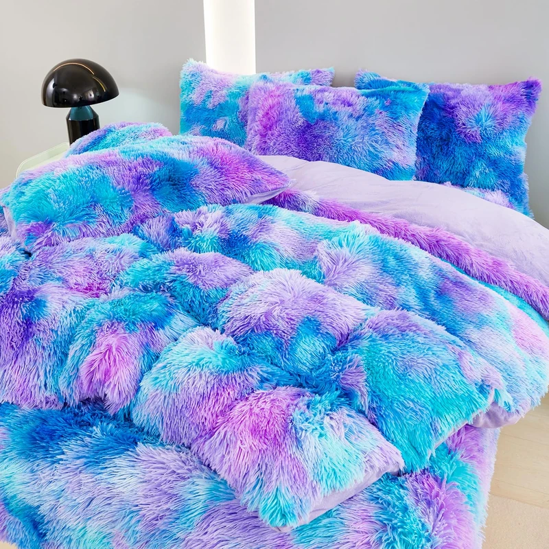 SUCSES Plush Shaggy Bedding Duvet Cover Set for Teens Girls, 3Pcs Faux Fur Fluffy Velvet Comforter Cover Set, Blue Purple Tie Dye Furry Bed Sets for Kids Teens (Blue Purple, Full)