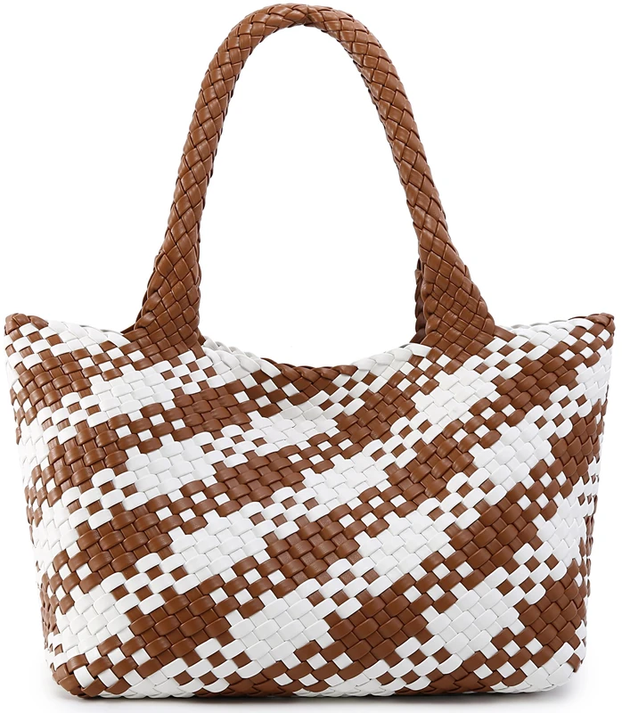 Queenoris Woven Bag for Women, Fashion Top Handle Shoulder Bag Vegan Leather Shopper Bag Large Travel Tote Bag, Brown+white