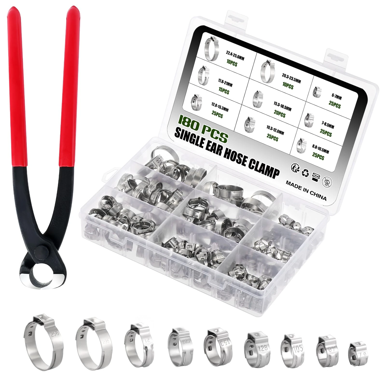 WiMas 180PCS 304 Stainless Steel 6-25.6mm Single Ear Hose Clamps, Hose Clamp Set, Cinch Clamp Rings Hose Clips with Clamp Pliers (9 Sizes)