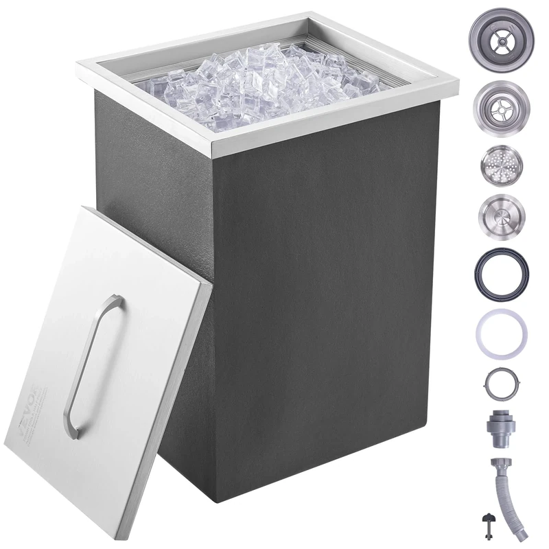 VEVOR Drop in Ice Chest, 14"L x 12"W x 18"H Stainless Steel Ice Cooler, Commercial Ice Bin with Cover, 40 qt Outdoor Kitchen Ice Bar, Drain-pipe and Drain Plug Included, for Cold Wine Beer