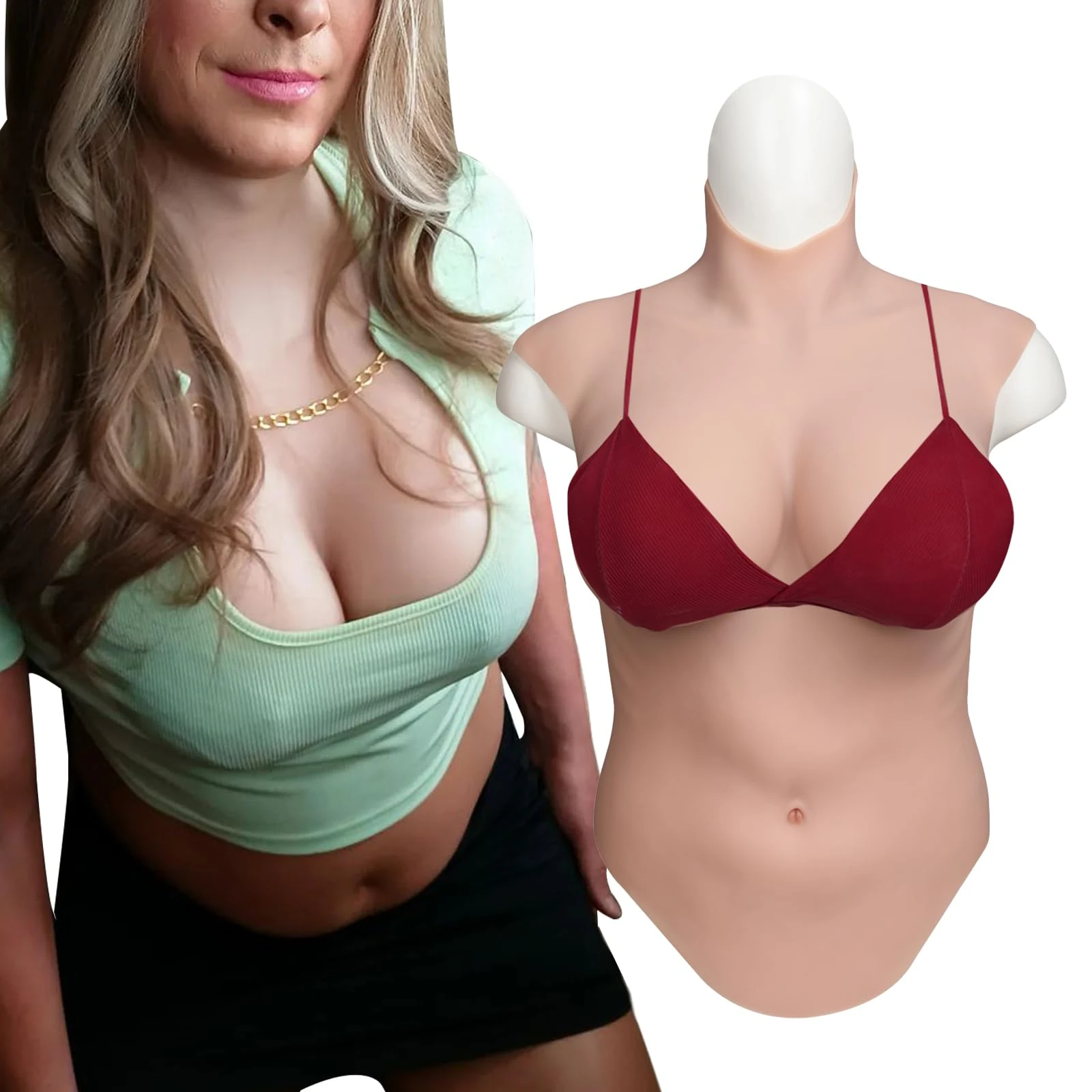 Yuewen Large Size 7th Generation Silicone Breastplate Half Body Suit Silicone Filler or Cotton Filler with Float Point Inside (Beige, L-C Cup Silicone Filler)