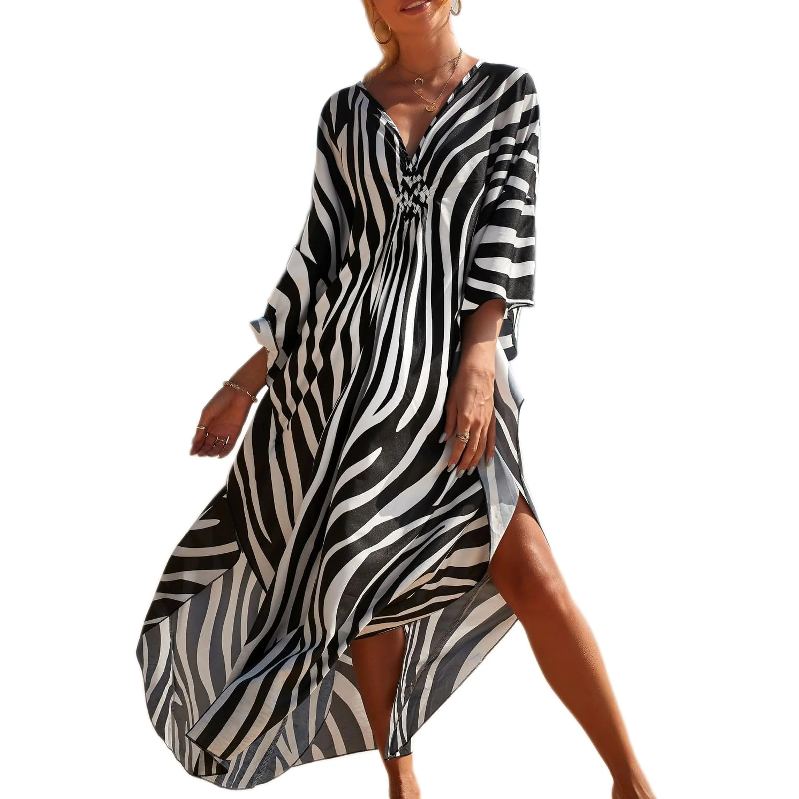 Baynetin Women's Long Tiedye Kaftan Dress, Print Kimono Maxi Beach Boho Party Dress Plus Size Bathing Suit Cover Ups Batwing Sleeve Print Loungewear (Strip)