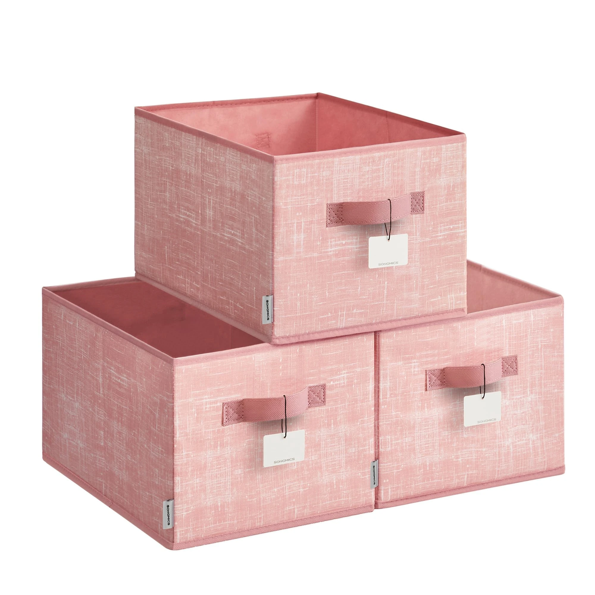 SONGMICS Collapsible Storage Boxes, Set of 3 Fabric Storage Baskets, 40 x 30 x 24 cm, Wardrobe Storage Organisers, 2 Handles, Label Holders, for Bedroom, Living Room, Jelly Pink ROB440R01