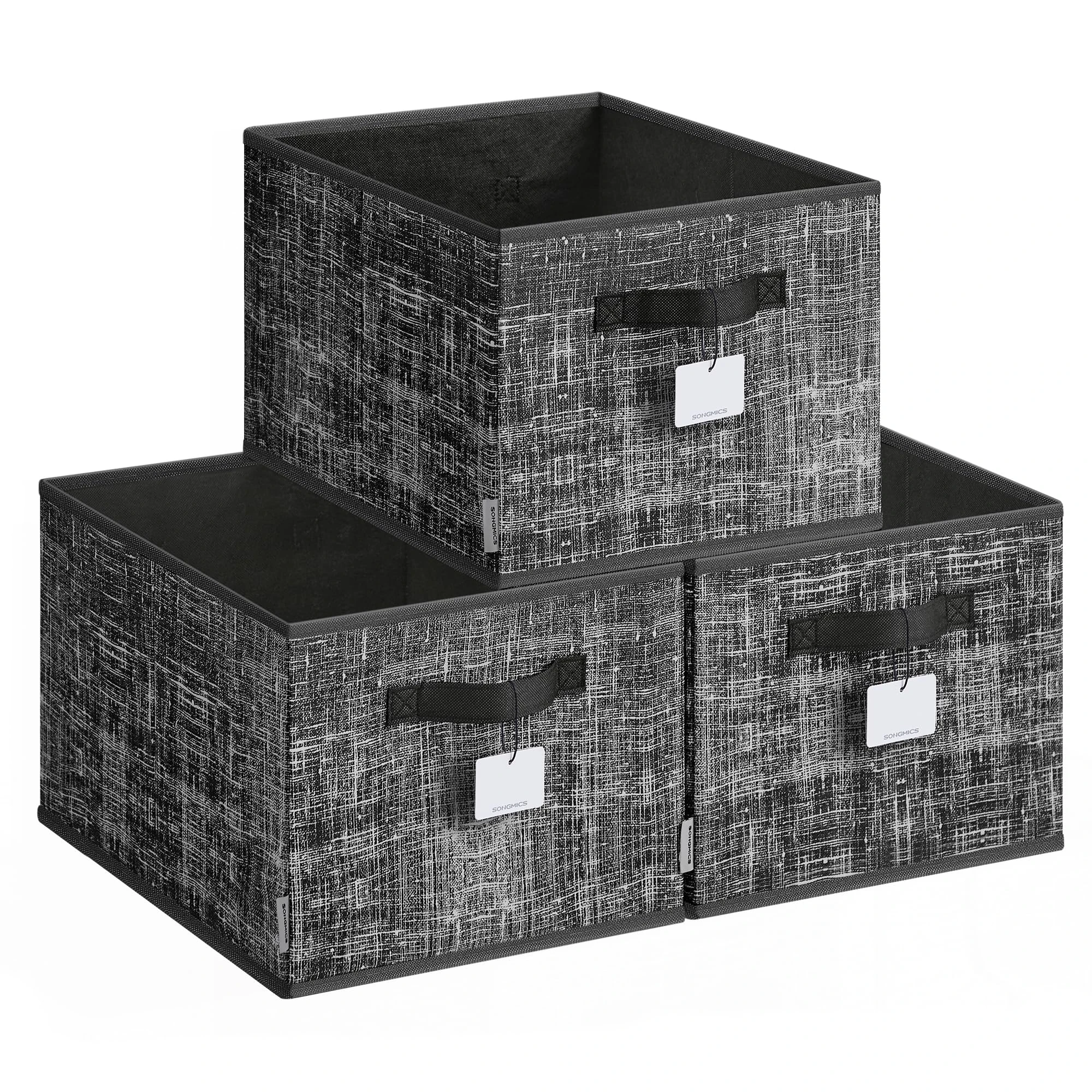 SONGMICS Collapsible Storage Boxes, Set of 3 Fabric Storage Baskets, 40 x 30 x 24 cm, Wardrobe Storage Organisers, 2 Handles, Label Holders, for Bedroom, Living Room, Ink Black ROB440B01