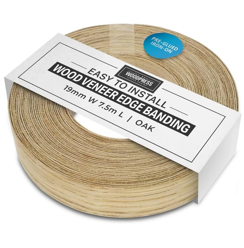 WoodPress® Real Oak Veneer Edging Tape – 19mm x 7.5m | Pre-Glued Iron on Edge Banding w/Hot Melt Adhesive