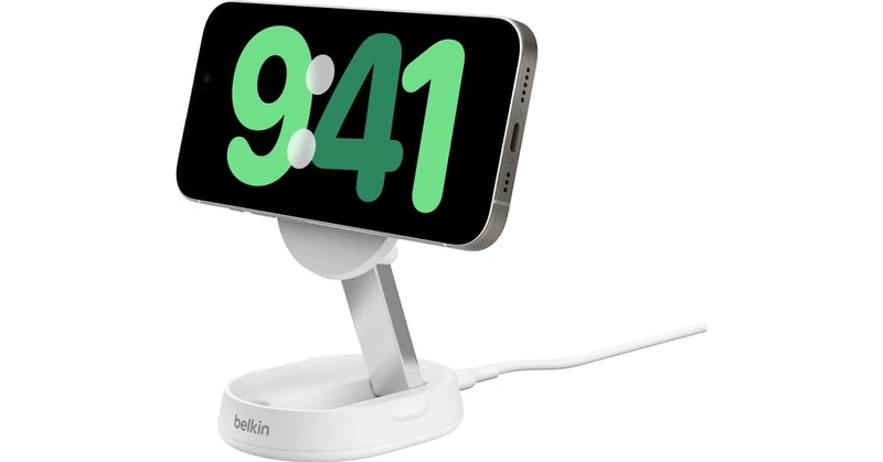 Belkin BoostCharge Pro Adjustable Magnetic 15W Charging Stand, MagSafe-Compatible Qi2 Wireless Charger, Magnetic Charging Dock, Fast Charger for iPhone 16, 15, AirPods, Includes 20W Adapter - White