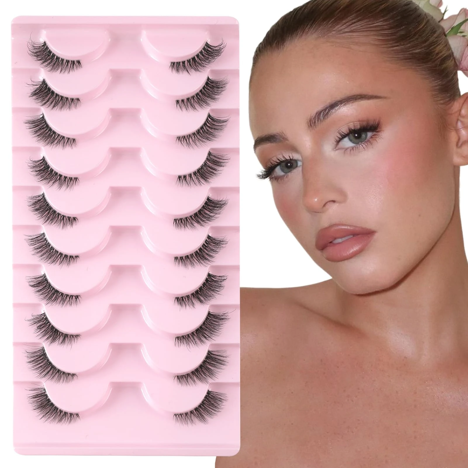 Sixstarhair False Eyelashes with Clear Band Half Lashes Natural Look 10 Pairs Cat Eye Wispy Corner Lashes Reusable 3/4 Transparent Fake Lashes