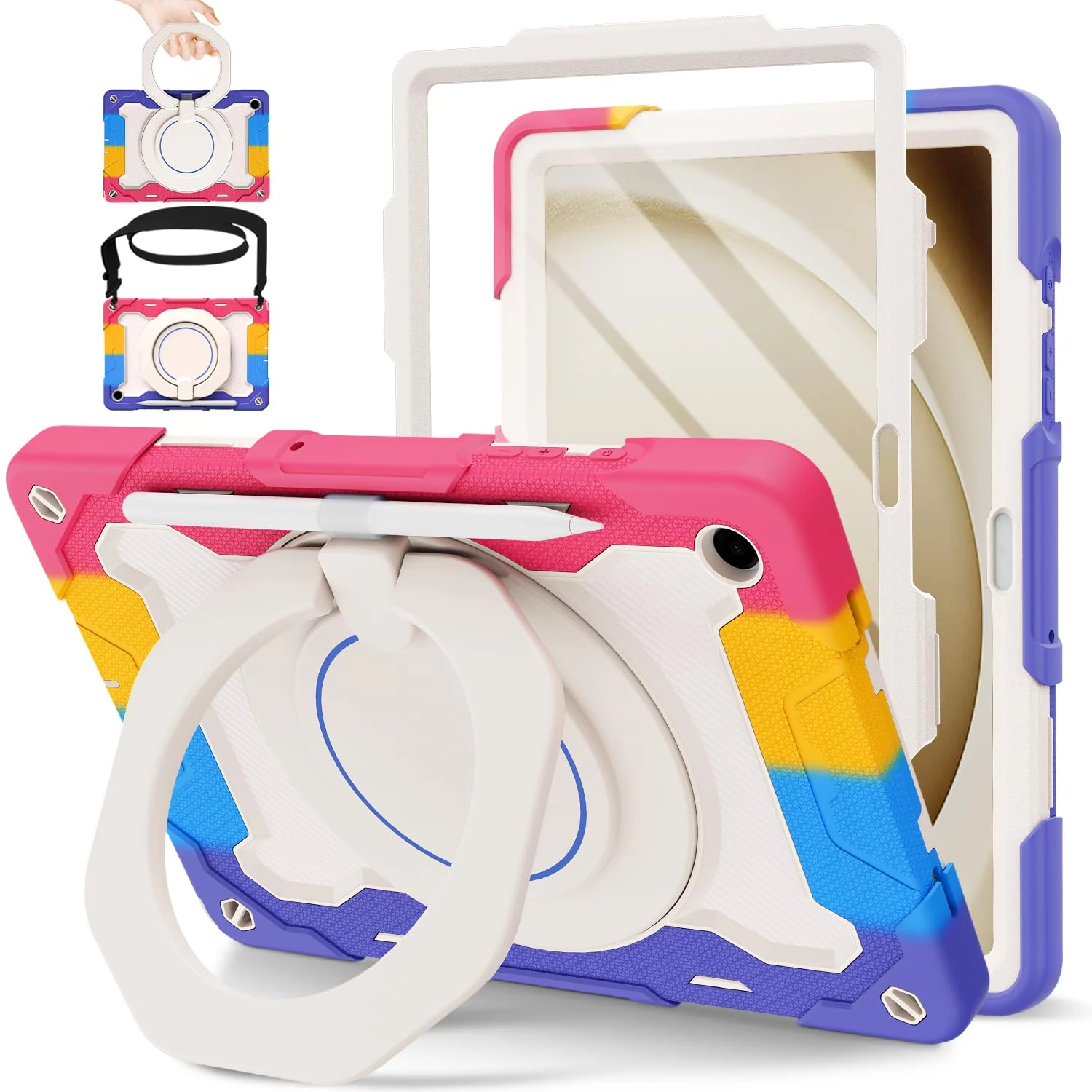 ROISKIN Samsung Galaxy Tab A9 Plus Case 11 Inch 2023: Heavy Duty Rugged Tab A9+ Plus Cover for SM-X210/SM-215/SM-216 with Screen Protector & 360 Rotating Stand & Shoulder Strap & Pencil Holder, Pink