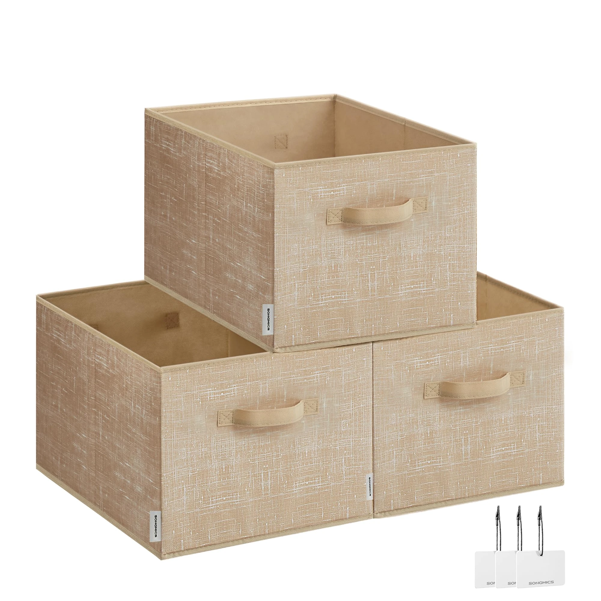 SONGMICS Collapsible Storage Boxes, Set of 3 Fabric Storage Baskets, 40 x 30 x 24 cm, Wardrobe Storage Organisers, 2 Handles, Label Holders, for Bedroom, Living Room, Sand Beige ROB440K01