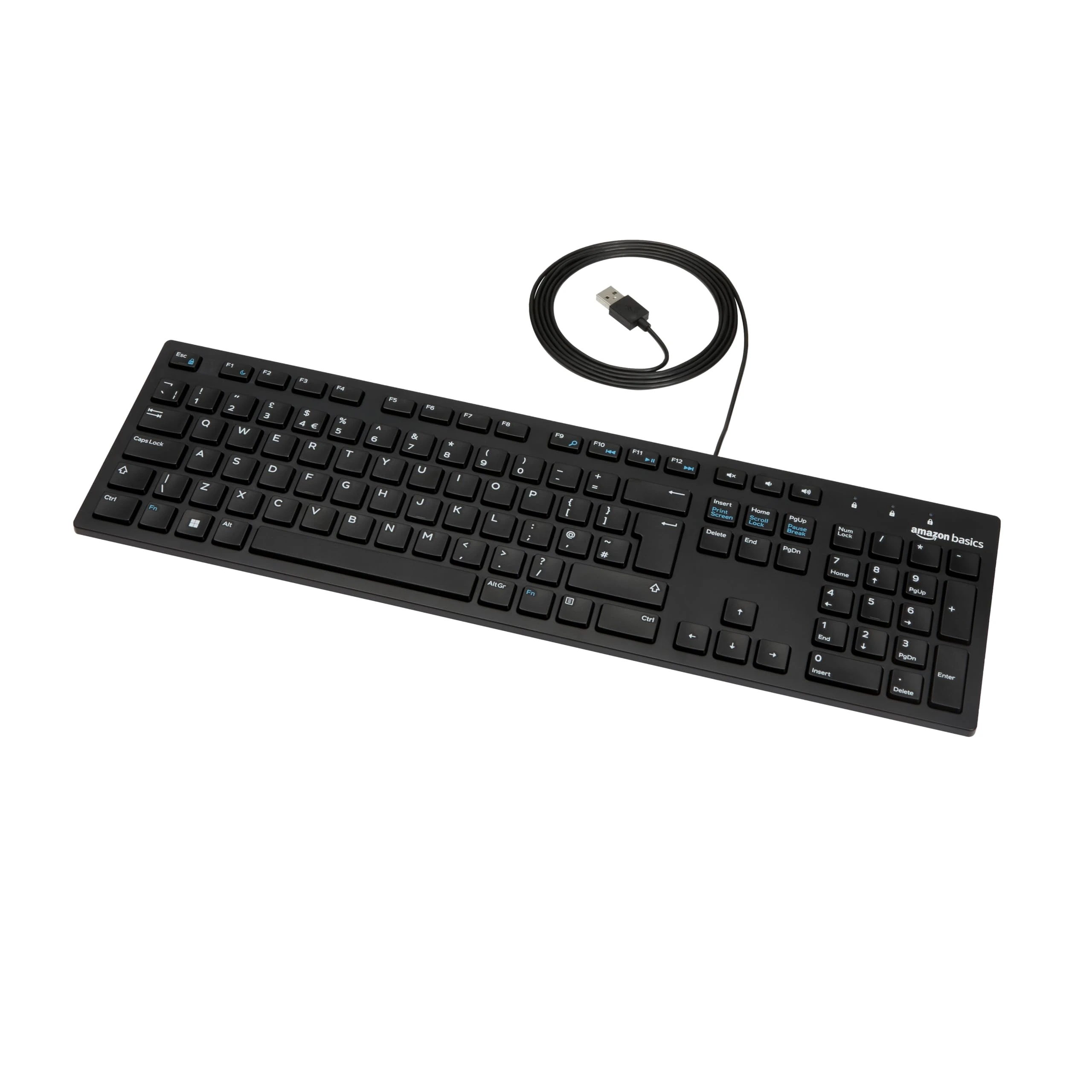 Amazon Basics Full size Wired Keyboard Compatible with Laptop PC Tablet, USB Plug-and-Play, QWERTY UK Layout, Matt Black