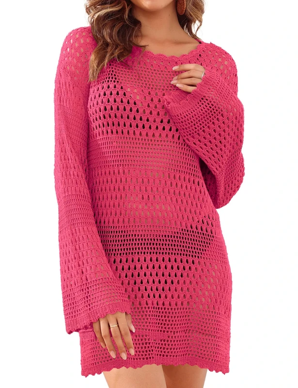 Women's Summer Cover Ups Long Sleeve Beach Dress Bathing Suit Bikini Beachwear Crochet Cover Up Rose Red