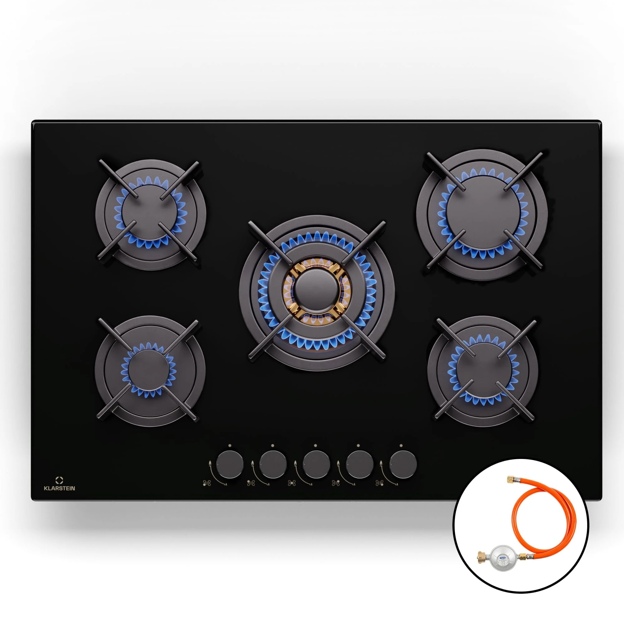 Klarstein Gas Cooker, 5 Burners Gas Hob, 10400W Built In Five Ring Electric Hob, Campervan Cooktops Gas Cookers, Stainless Steel Glass Top Wok Burner, 5 Ring Kitchen Stoves LPG Cooker Gas Burners Unit