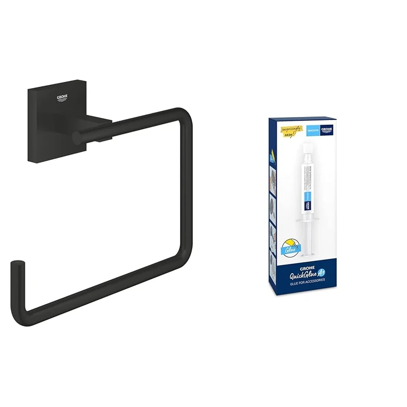 GROHE Start Cube QuickFix Towel Ring & A1 QuickGlue - Bathroom Wall Mounted Towel Holder (Metal, Concealed Fastening, Including Screws and Dowels), Matt Black, 409752430