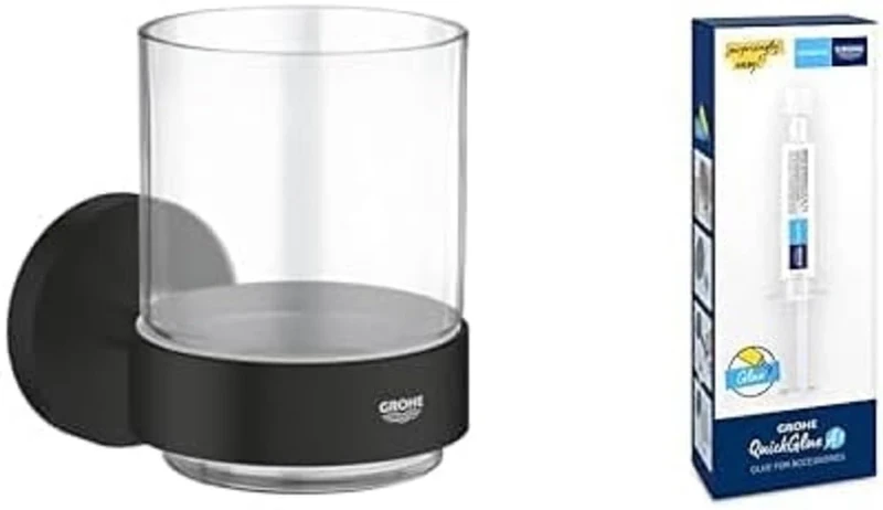 GROHE Start Cube QuickFix Toilet Roll Holder Without Cover & A1 QuickGlue (Metal, Wall Mounted, Concealed Fastening, with Screws and Dowels), Size 138mm, Matt Black, 409782430