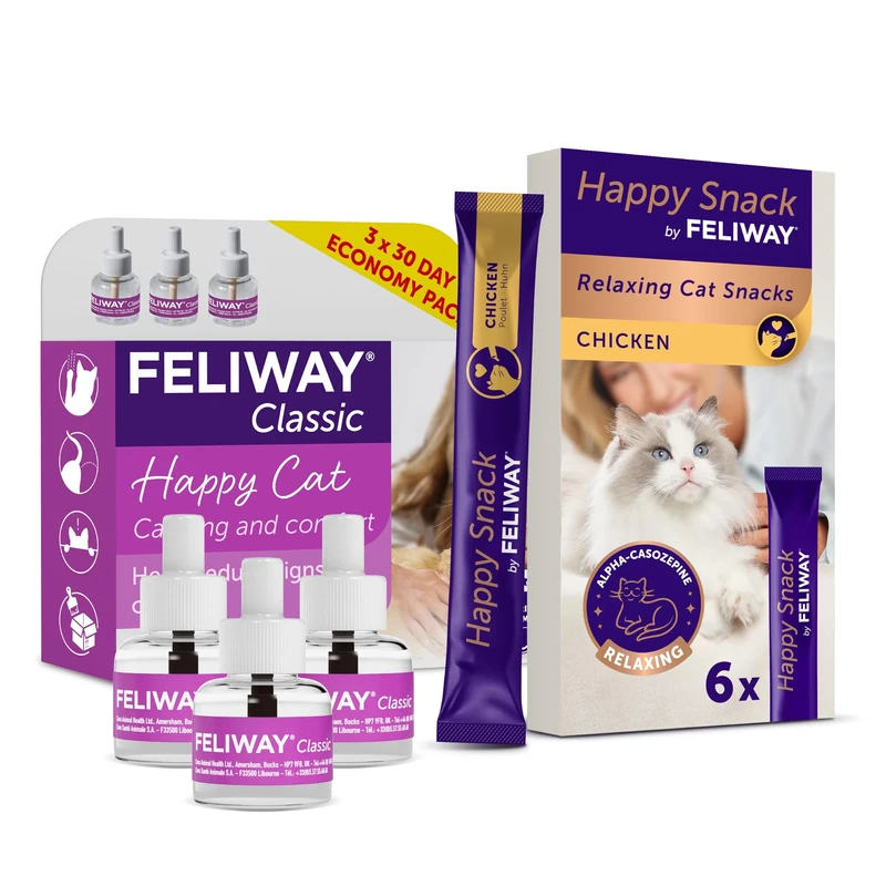 Feliway Classic 30 day Refill x3 Value Pack & Happy Snack Delicious Relaxing Chicken Flavour Treat for Cats