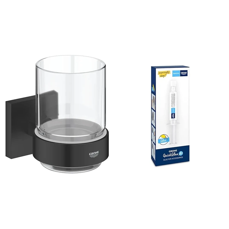 GROHE Start Cube QuickFix Crystal Glass with Holder & A1 QuickGlue - Wall Mounted Toothbrush Holder (Glass & Metal, Concealed Fastening, with Screws & Dowels), Matt Black, 410972430
