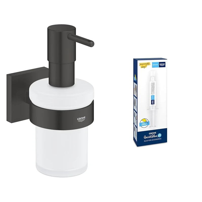 GROHE Start Cube QuickFix Soap Dispenser with Holder & A1 QuickGlue (Material: Iced Glass & Metal, Filling Quantity 160 ml, with Screws & Dowels), Size 158mm, Matt Black, 410982430