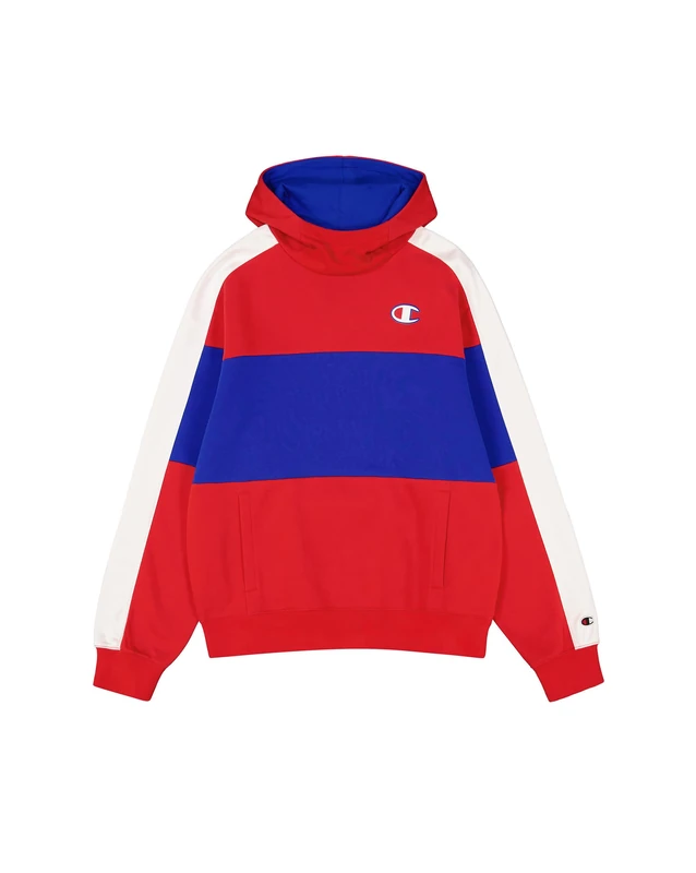 Champion Legacy Retro Sport (220317) - Soft Compact Poly Fleece Color Block Hoodie, Multicolour Vermilion/Deep Blue (CRD/BAI/Wht), S Men FW24, Vermilion/Deep Blue (Crd/Bai/Wht), S