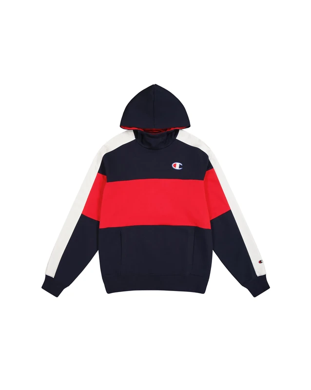 Champion Legacy Retro Sport (220317) - Soft Compact Poly Fleece Color Block Hoodie, Multicolour Navy/Vermilion (NNY/CRD/Wht), M Men FW24, Navy/Vermilion (Nny/Crd/Wht), M