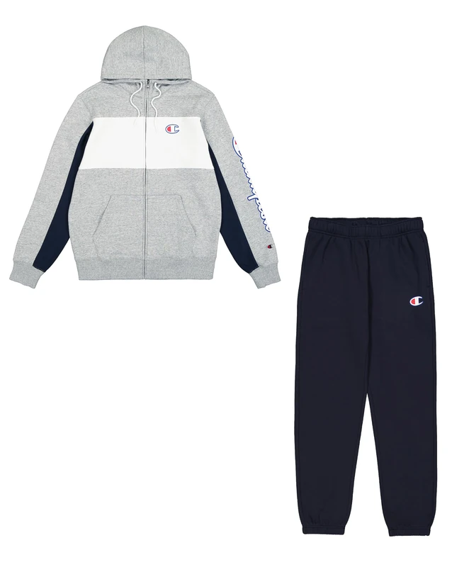 Champion Legacy Retro Sport (220412) - Soft Compact Powerblend Fleece Hooded Tracksuit, Multicolour Grey Melange/Navy (NOXM/NNY/WHT), S Men FW24, Grey Melange/Navy Blue (NOXM/NNY/WHT), S