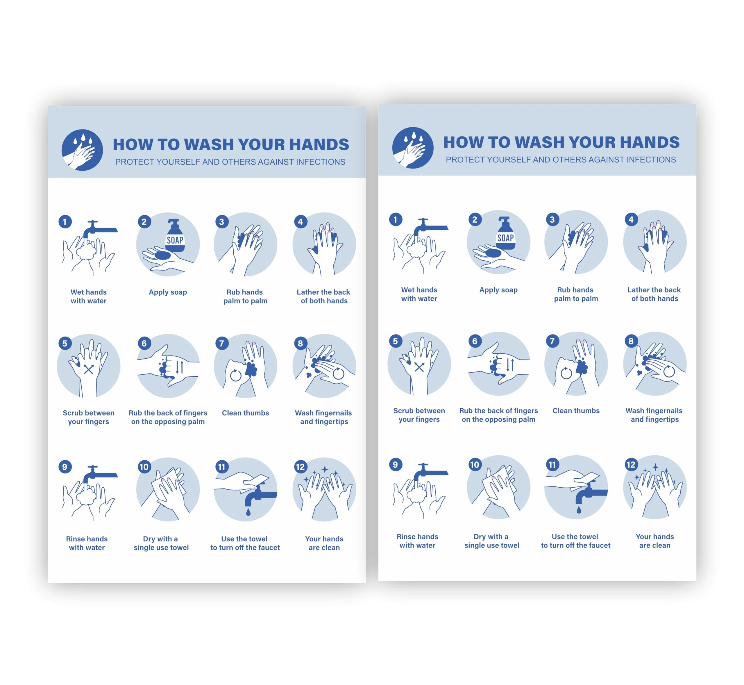 2 x How to Wash Your Hands Signs / 297x210mm (A4 x 2) Self-Adhesive Glossy and Wipeable Vinyl Hand Wash Signs for Restaurant/Hotel Kitchen/Health and Safety Signs for Kitchen and Bathroom