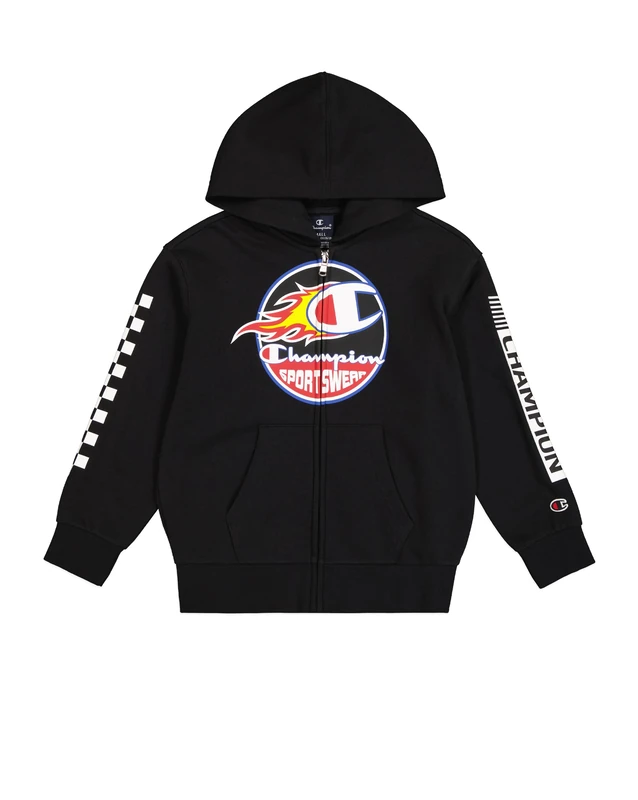 Champion Boy's Legacy Play with Graphics B (306910) -Ultra-Light Soft Compact Polyfleece Full-Zip Hooded Sweatshirt, Black (KK001), 13-14 Years