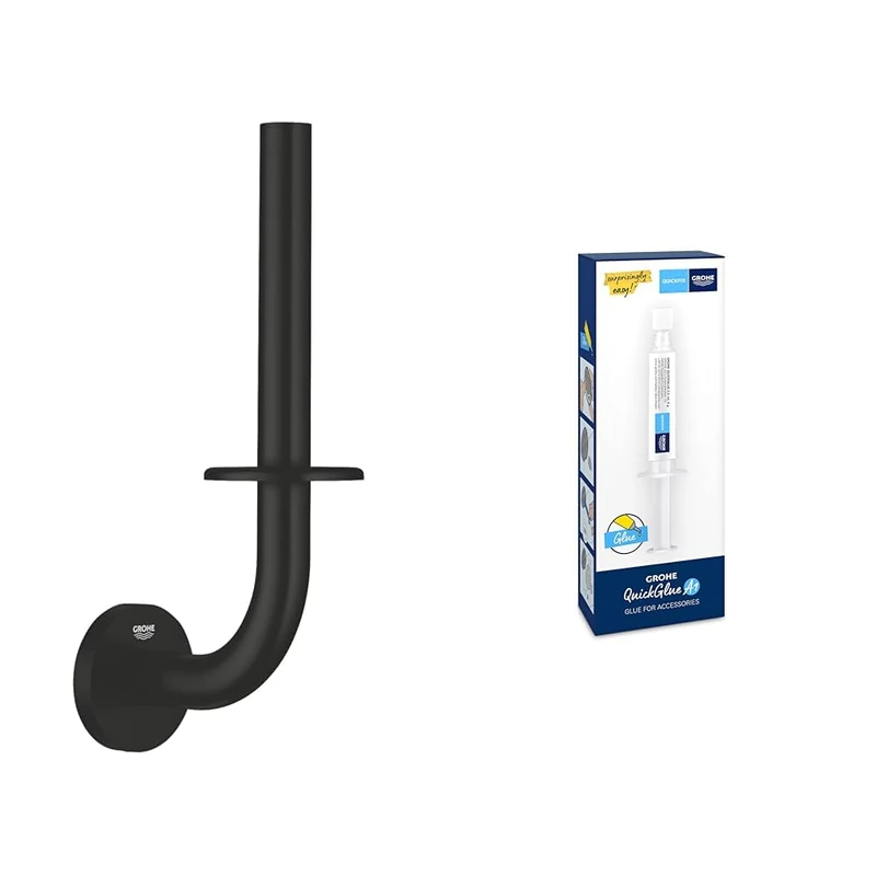 GROHE Start QuickFix Spare Toilet Roll Holder & A1 QuickGlue (Metal, Wall Mounted Concealed Fastening, Including Screws and Dowels), Size 232 mm, Matt Black, 411862430