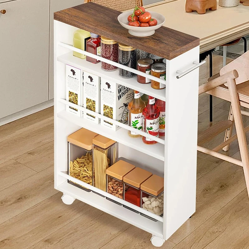 Shally Dogan Slim Design Industrial Kitchen Storage Trolley, Multi-Purpose Space-Saving Trolley with 4 Shelves and 360° Movable Wheels, Shelving Unit 50 x 16 x 80 cm (White) - Image 1
