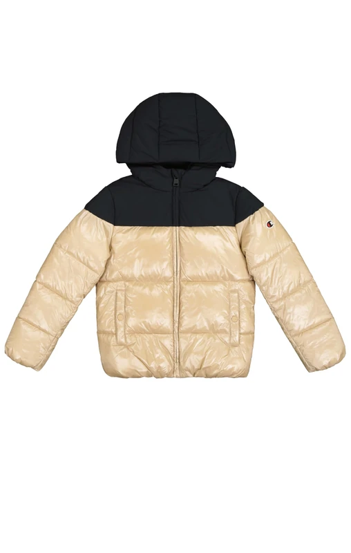 Champion Legacy Outdoor G (405041) - WR Woven Nylon Cirè 37gr Hooded Jacket, Multicolored Tan Brown/Black (ASG/NBK), 3-4 years (XXS) Girl FW24