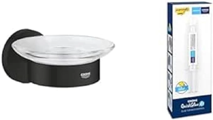 GROHE Start Cube QuickFix Toilet Brush Set & A1 QuickGlue (Material: Glass & Metal, Wall Mounted, with Screws and Dowels), Size 399 mm, Matt Black, 409772430