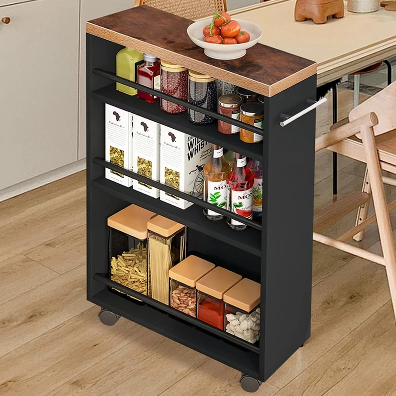 Shally Dogan Kitchen Storage Trolley Slim Design Industrial Multi-Purpose Trolley Space-Saving Black with 4 Shelves and 360° Movable Wheels, Shelving Unit 50 x 16 x 80 cm (Black)