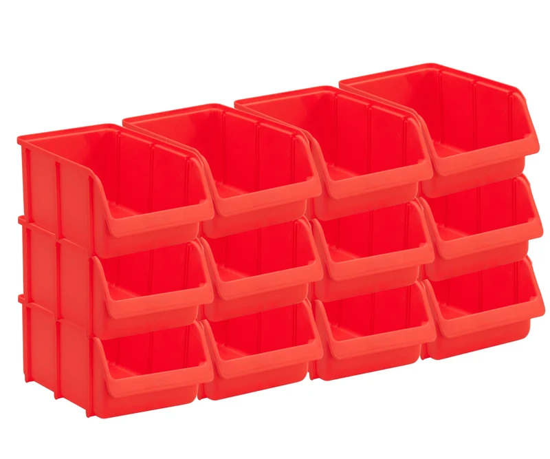 Hünersdorff 12 x Storage Boxes in Size 4, Polypropylene, High Dimensional Stability and Load Capacity, Colour: Red