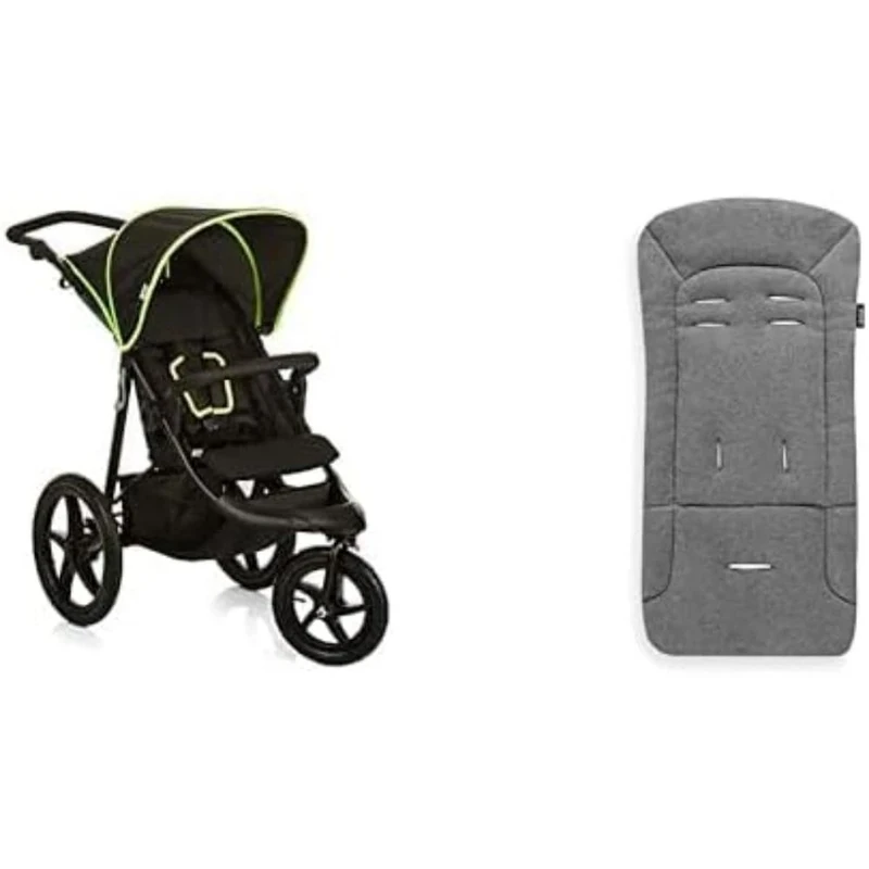 Bundle of Hauck Runner, Black Neon - Jogging & Running Pushchair, XL Air Wheels, All Terrain Buggy, with Raincover + Hauck Padded Pushchair Liner, Charcoal