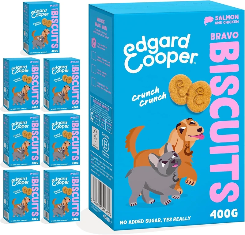 Edgard Cooper Natural Dog Treats, Salmon and Chicken Bravo Biscuits, 7 x 400g box, Grain Free, High in Protein fresh meat, full of essential amino acids for healthy insides