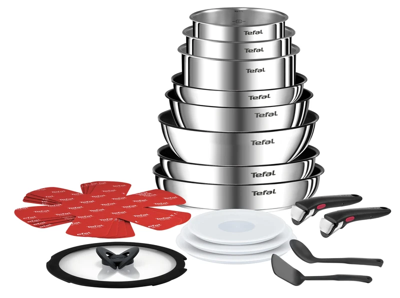 Tefal Ingenio L897SJ04 20-Piece Cookware Set, Frying Pans, Pans, Wok, Saute Pan, Lids, Removable Handles, Induction, Stainless Steel, Dishwasher Safe, 5-Year Warranty