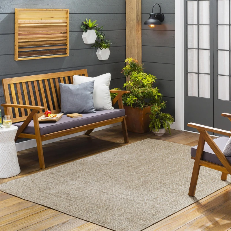 Livabliss Sweta Ontur Geometric Indoor Outdoor Round Carpet 160 cm – Patio, Garden, Decking Use, Boho Patterned Design, UV & Weather Resistant, Stain Durable, Brown & Beige - Image 1