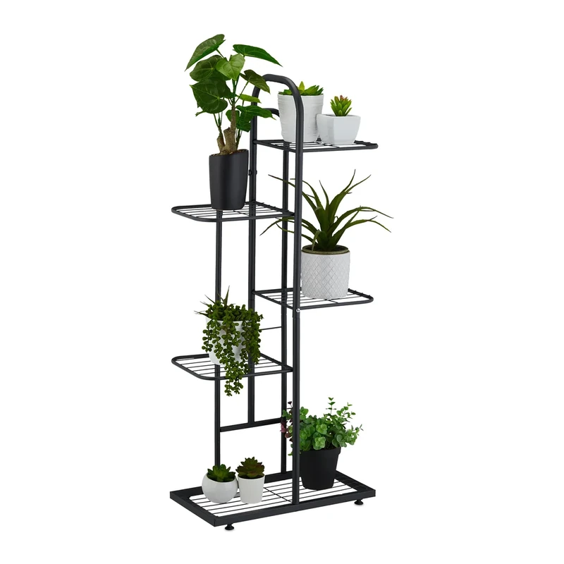 Relaxdays Plant Stand, Flower Pot Holder with 5 Tiers, HWD: 96 x 45 x 22 cm, Metal Frame, Shelving, Space-Saving, Black, Steel