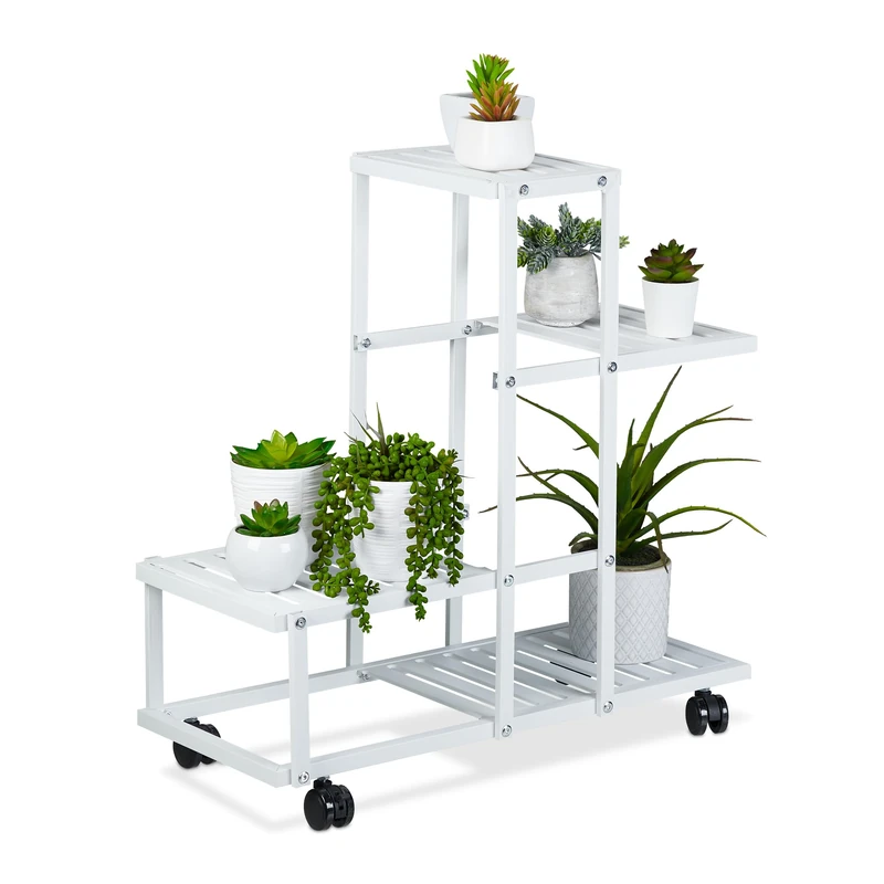 Relaxdays Plant Stand, 4 Shelves, Plantpot Steps for Flowers & Herbs, Metal, with Castors, 60.5 x 61.5 x 26 cm, White, Steel