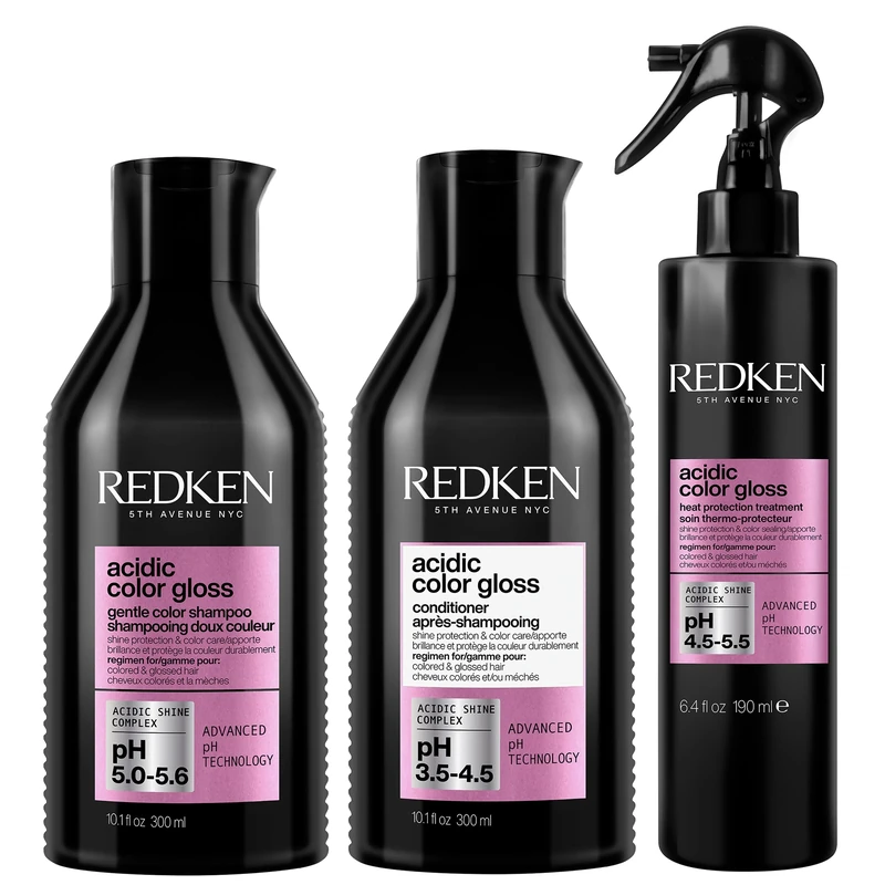 REDKEN Acidic Color Gloss Bundle with Sulphate-Free Shampoo 300ml, Conditioner 300ml & Leave-In Heat Protection Treatment 190ml, For Glass-Like Shine and Colour Protection