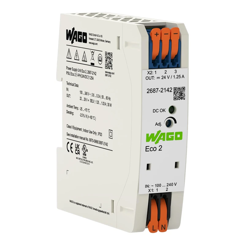 WAGO Compact Power Supply ECO 2687-2142, 1-Phase, DIN-rail, 24 VDC, 1.25 A, DC OK LED