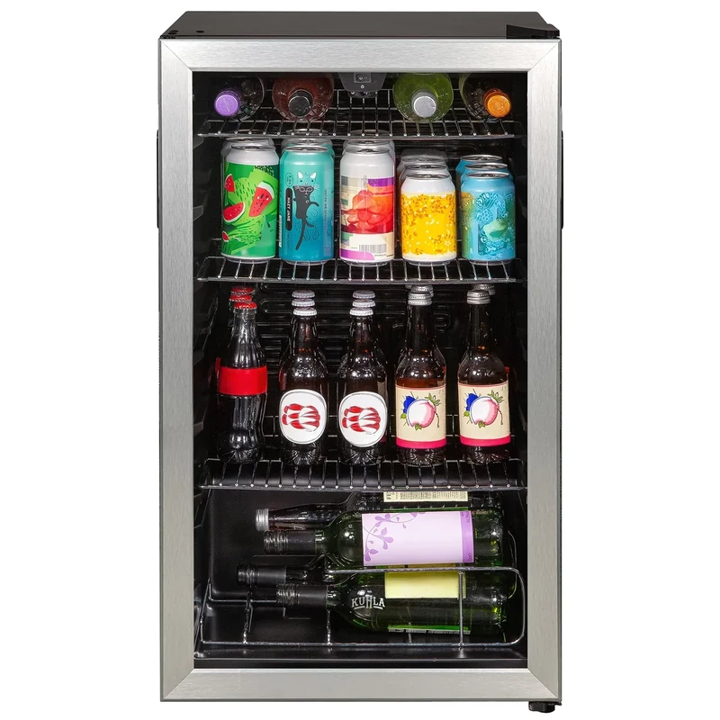 Kuhla Mini Fridge 93 Litre Undercounter Freestanding Beverage/Drinks Wine Fridge for Beer Stainless Steel, LED Light, Drinks & Snacks Glass Door, 3 Adjustable Shelves, Energy Efficient, K48BC101SS