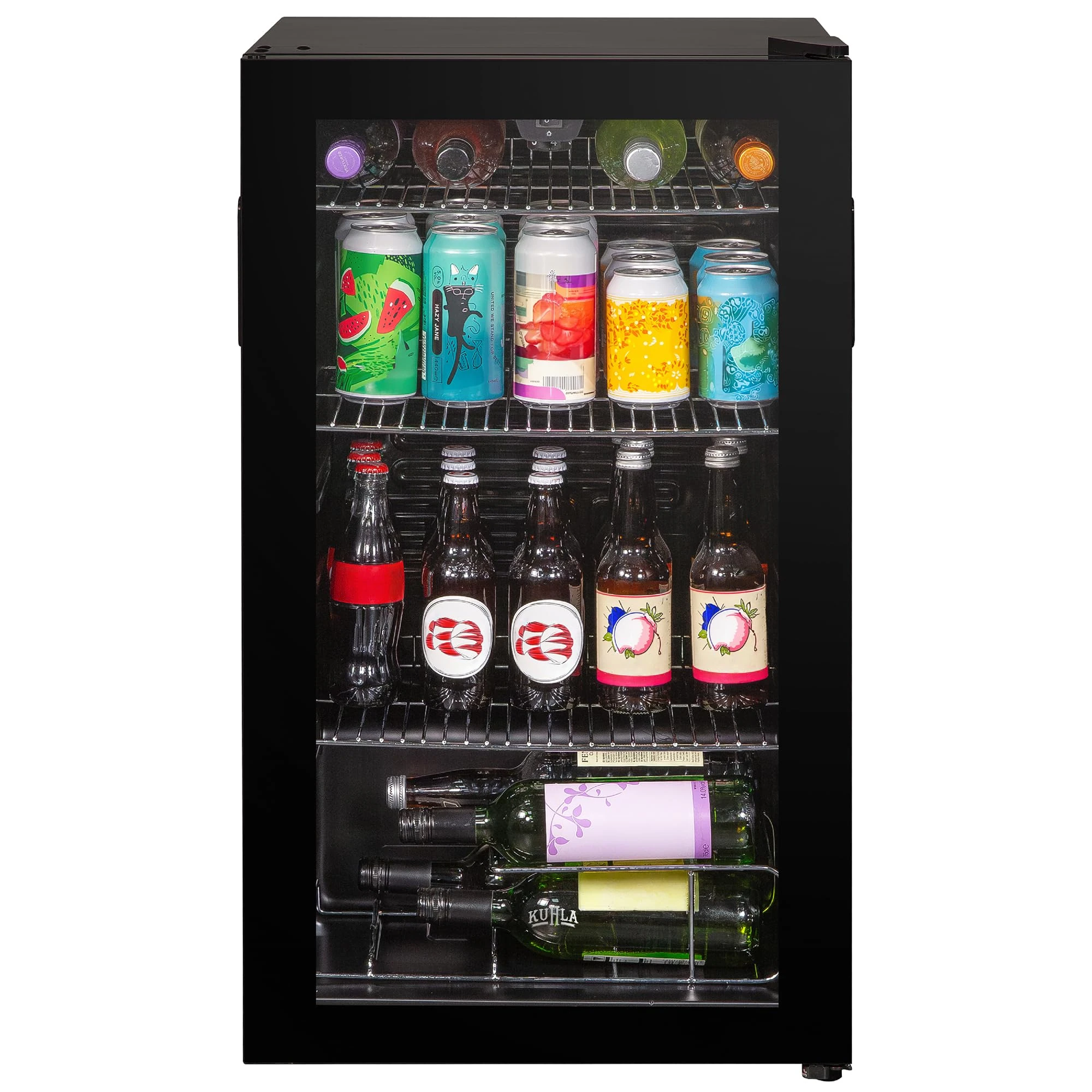 Kuhla Mini Fridge 93 Litre Undercounter Freestanding Beverage/Drinks Wine Fridge for Beer in Black, LED Light, Drinks & Snacks Glass Door, 3 Adjustable Shelves, Energy Efficient, K48BC101B
