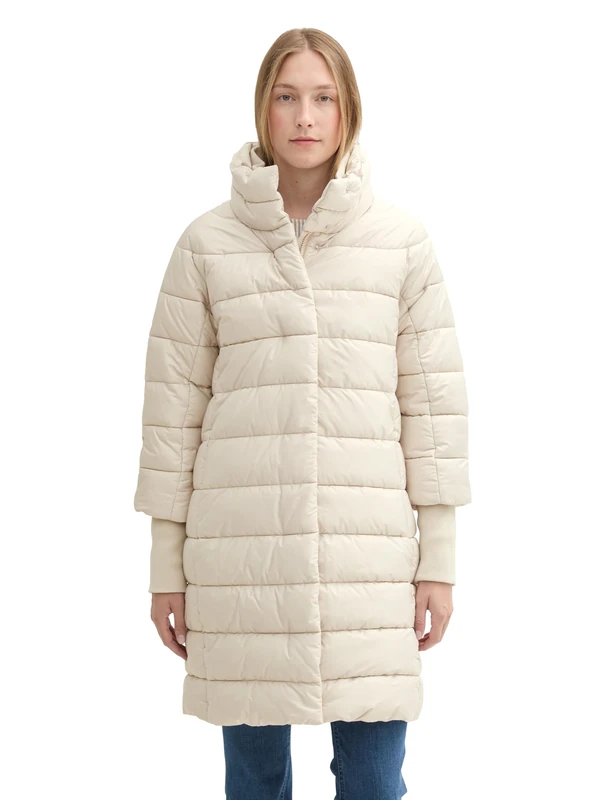 TOM TAILOR Women's Long Quilted Jacket with Stand-Up Collar, 12365 - Dusty Beige, L