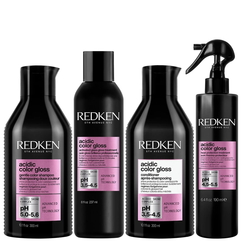REDKEN Acidic Color Gloss Routine Bundle with Sulphate-Free Shampoo 300ml, Glass Gloss Treatment 237ml, Conditioner 300ml & Leave-In Treatment 190ml, For Glass-Like Shine and Colour Protection