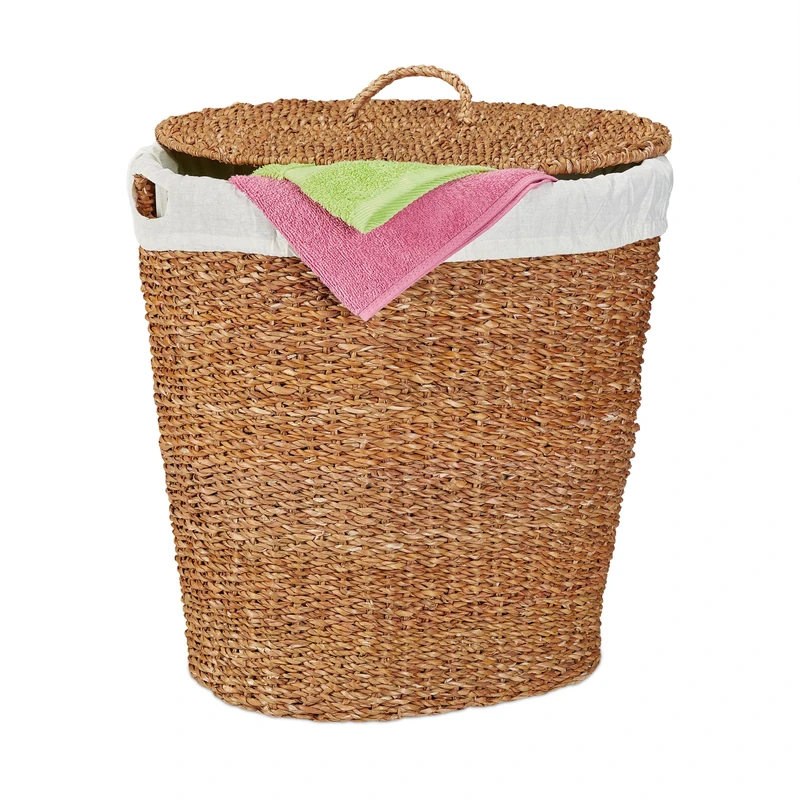 Relaxdays Basket, with Lid, Cotton Laundry Bin, 50L, HWD: Approx. 50x50x40 cm, Storage, Seagrass, Natural/Beige, 50 x 50 x 40 cm
