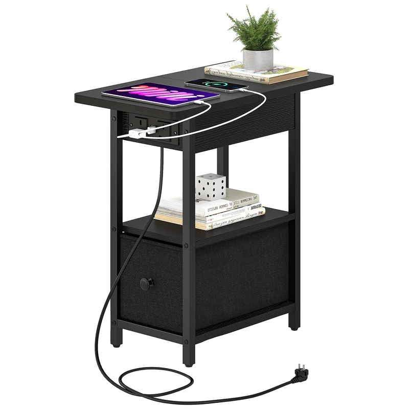 YITAHOME Narrow Side Table with Charging Station, Black Slim Side Table with Storage End Table with Drawers, Bedside Table with USB Ports Outlets Sofa Table Nightstand for Living Room, Bedroom