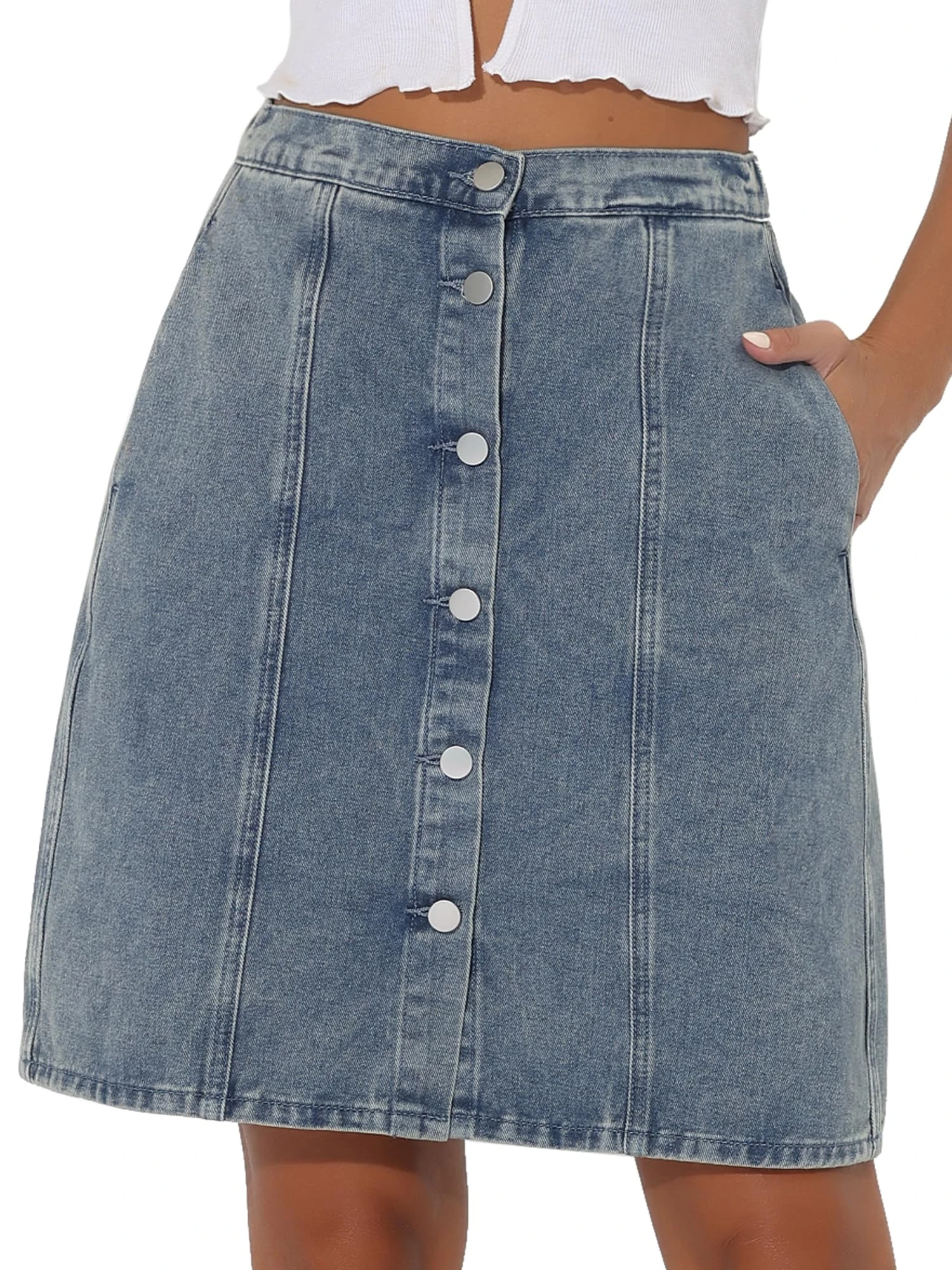 Allegra K Women's Denim Skirt Knee Length with Pockets High Waist A-Line Button Down Skirts Light Grey Blue XS