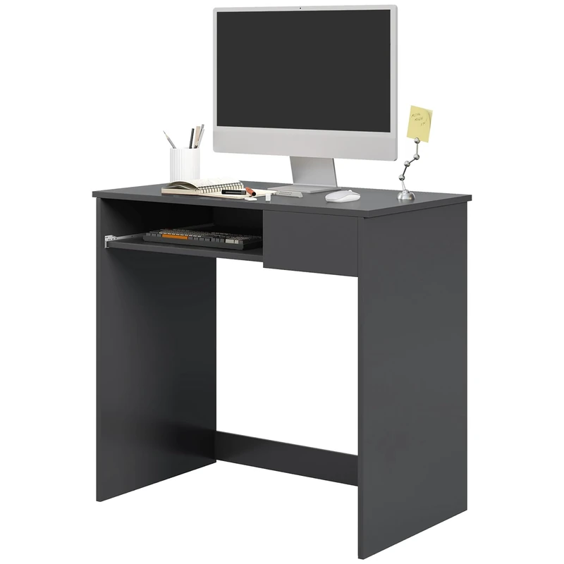 HOMCOM 80cm Compact Computer Desk with Keyboard Tray, Home Office Desk with Drawer for Bedroom Study, Grey