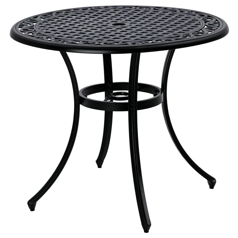 Outsunny Garden Table with Parasol Hole, 90cm Round Outdoor Dining Table for 2-4, Cast Aluminium Bistro Coffee Table for Balcony - Black